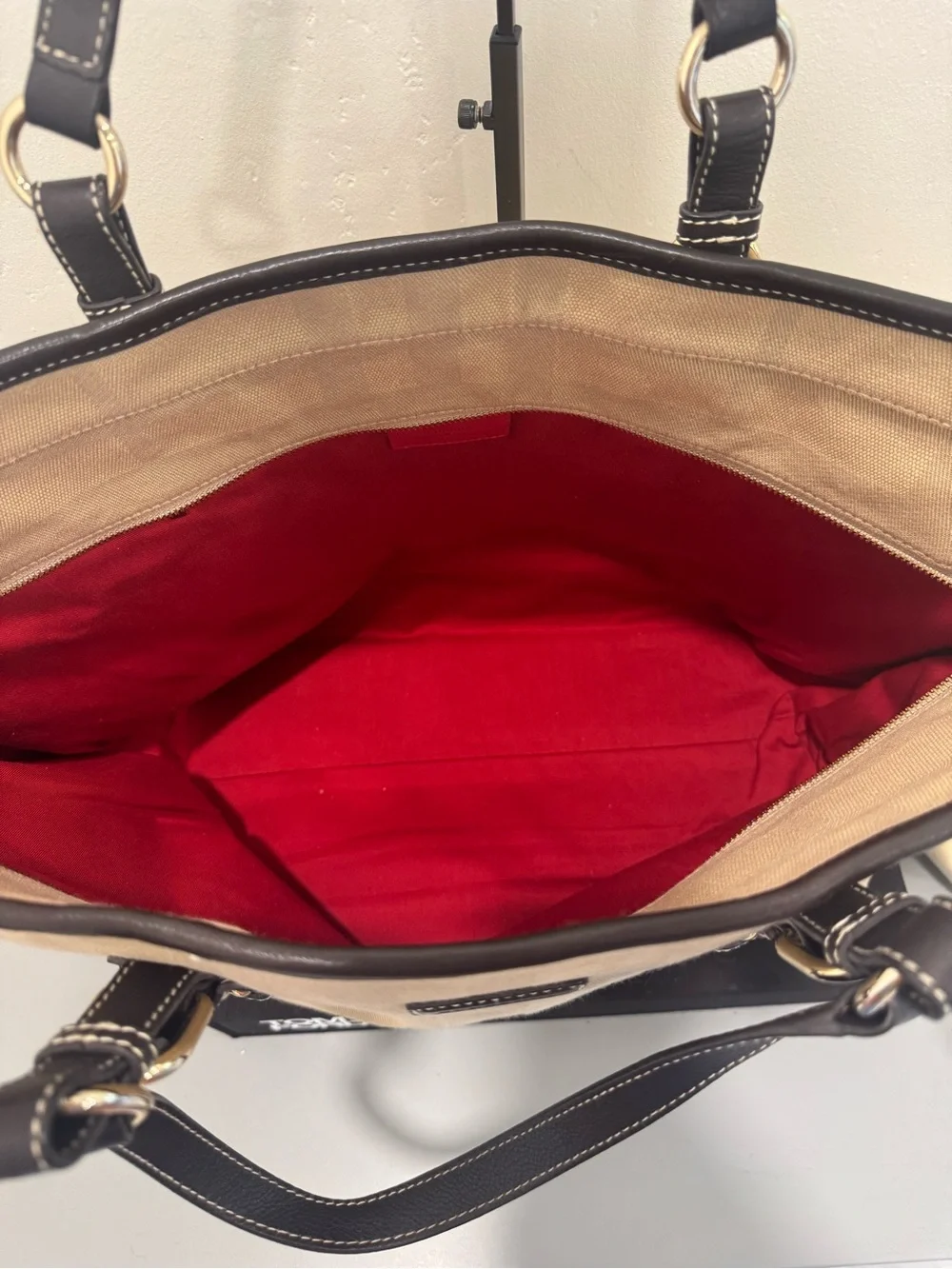 Burberry Beige Plaid Canvas Tote with Dark Brown Leather Trim